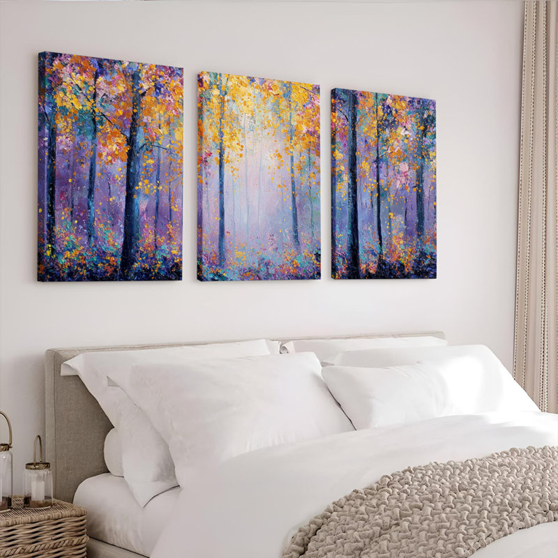 Ensemble de 3 tableaux sur toile représentant un paysage de forêt d'automne, H 30 po x l 60 po
