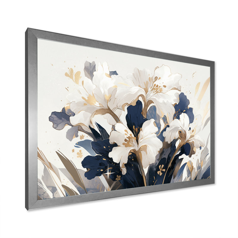 Or doré, impressions d'iris blanc, H 16 po x l 32 po x P 1 po, Cadre simple argenté