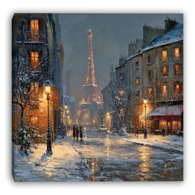 Snowy Paris Streetlights Wrapped Canvas Wall Art