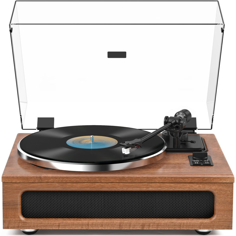 Vintage Brown MDF Belt Drive Turntable with Built-In Speakers