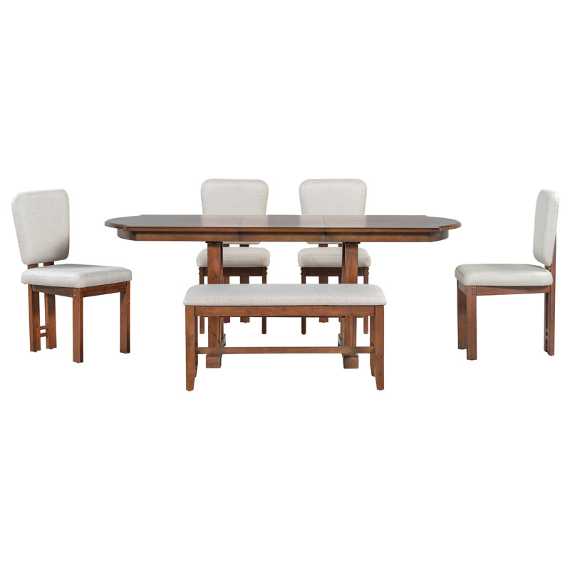 Ensemble de table de salle à manger extensible en bois 6 pièces 78 pouces avec banc, ensemble de table de cuisine traditionnelle avec rallonge amovible de 18 pouces et 4 chaises rembourrées, espresso et beige