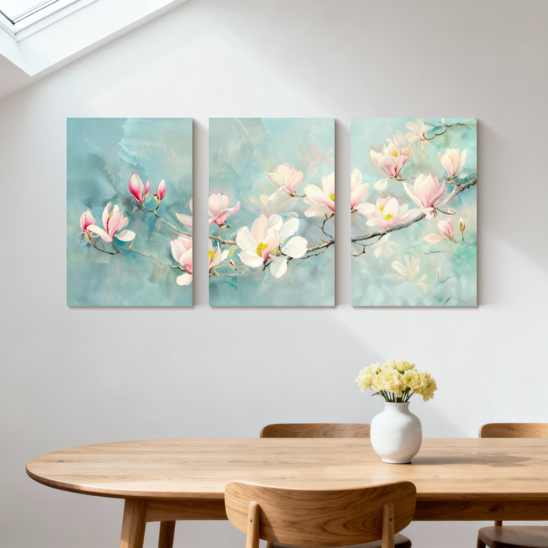 Magnolia rose tendre sur fond bleu, ensemble de 3 impressions sur toile, H 30 po x l 60 po