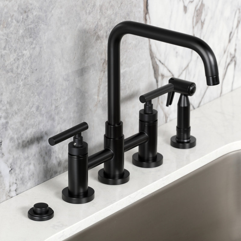 Kingston Brass Manhattan Two-Handle 4-Hole Deck Mount Bridge Kitchen Faucet with Brass Side Sprayer, Matte Black