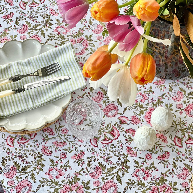 Beatrice Round Tablecloth - Pink And Green, 70" Round