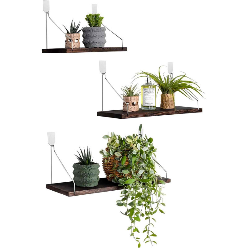 Ensemble de 3 tablettes flottantes en bois massif rustique pour le salon, la chambre à coucher, la salle de bain, la cuisine et le bureau. Pas de tablette perceuse. (Couleur rétro L + M + S)