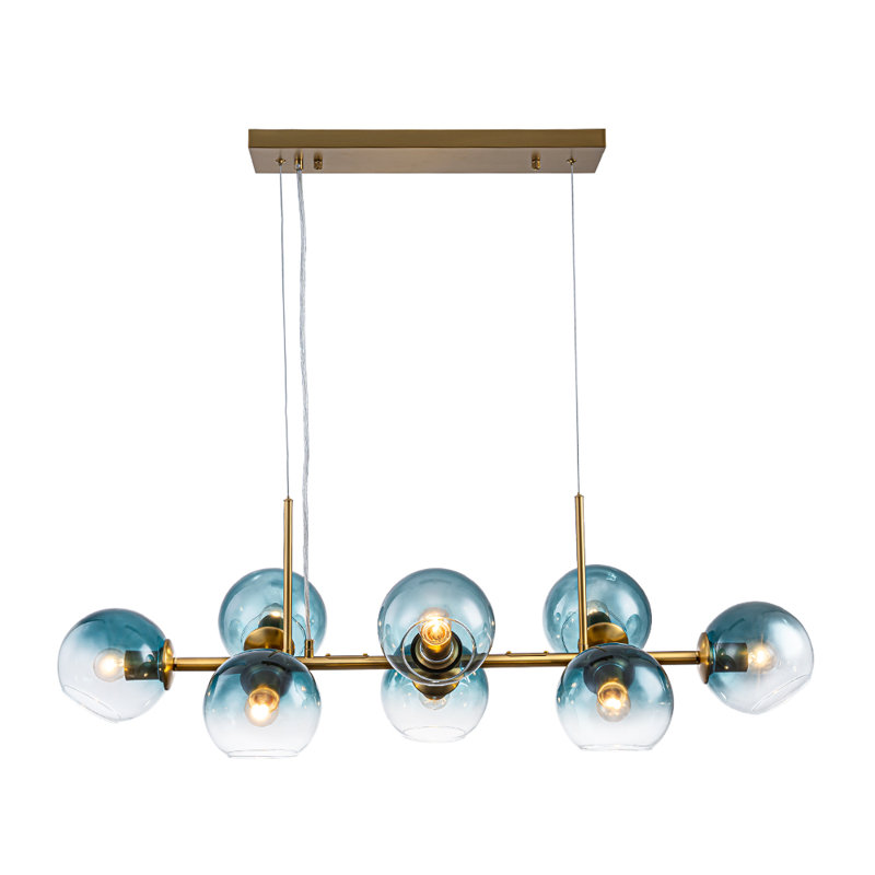 8 - Light Gradient Blue Glass Globe Linear Chandelier, Brass