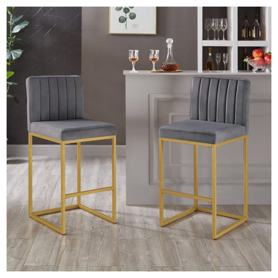 Tabouret de bar moderne à hauteur de comptoir en velours avec dossier complet, fauteuil rembourré gris