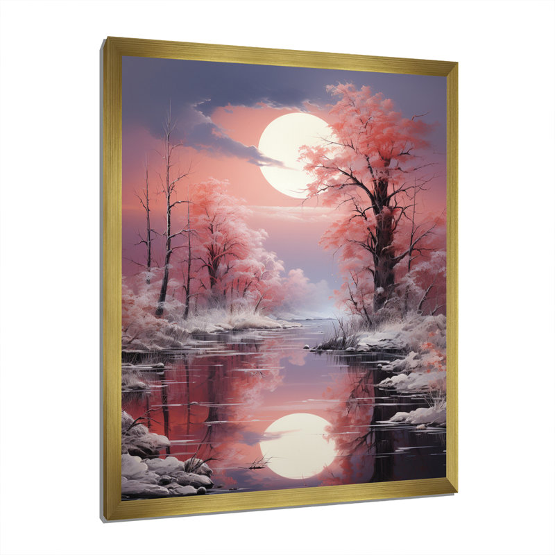 " White Fushia Winter Twilight II ", 32" H x 16" W x 1" D, Gold Single Picture Framed