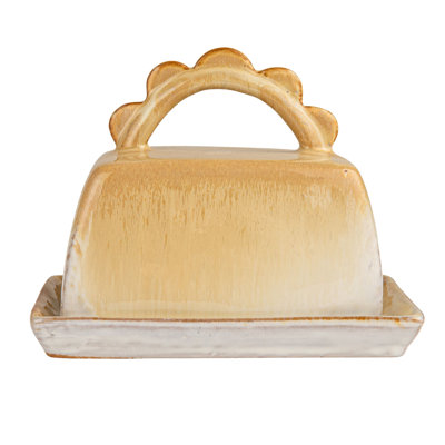 Stoneware Butter Dish With Scalloped Handle With Reactive Glaze, Caramel