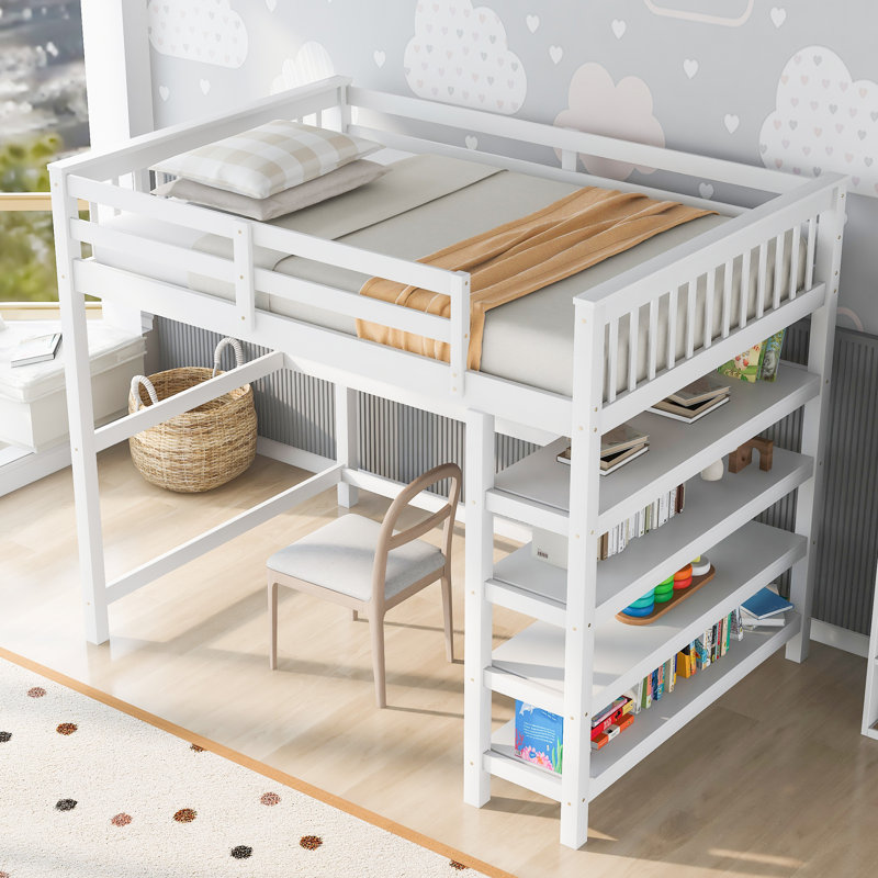 Lit mezzanine avec bureau intégré et tablettes, Blanc, Complète