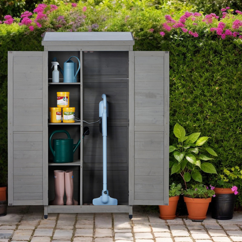 Grande remise extérieure en bois avec armoire à outils verticale en métal pour jardin