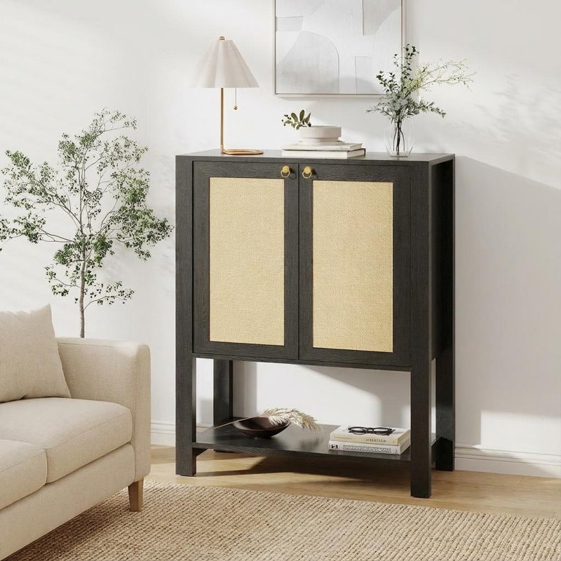 Rattan Shoe Storage Cabinet, 40in Tall Farmhouse Freestanding Wooden Shoe Rack Organizer with Adjustable Shelves and Open Shelf for Entryway Kitchen Living Room Bedroom