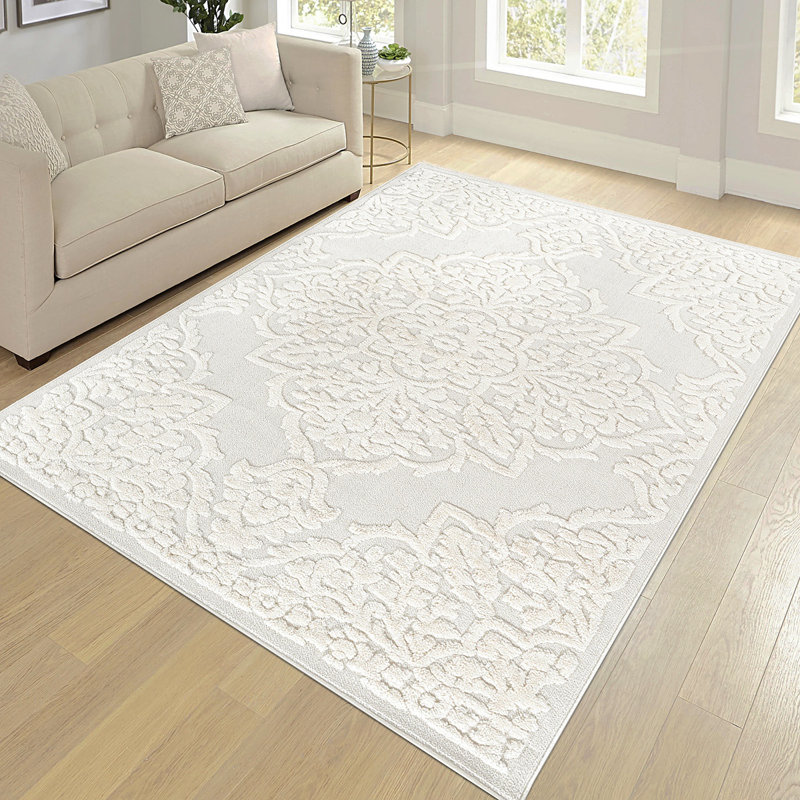Step Collection High-Low Medallion Cream/Cream Indoor Area Rug, 9'X12', Modern, Contemporary, Geometric, Bohemian, Bedroom, Kitchen, Living Room, Non Shedding Carpet
