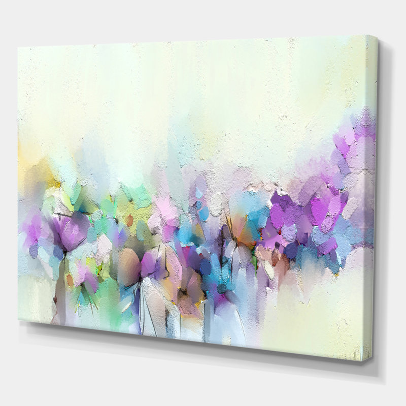 Fleurs printanières jaunes et mauves - reproduction d'art sur toile, H 12 po x l 20 po x P 1 po, Toile tendue
