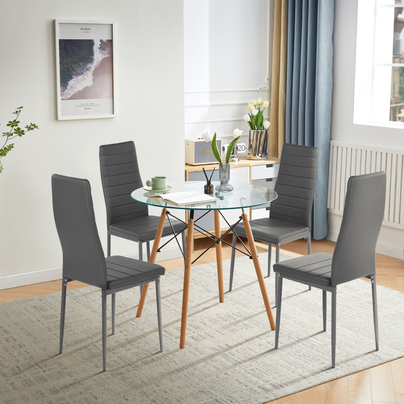 Ensemble de table de salle à manger 4 personnes, table de salle à manger ronde en verre avec 4 chaises en similicuir, Gris