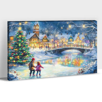Grand art mural sur toile de Noël, impression de scène de vacances d'hiver, art sur toile arbre de Noël, peinture de village rétro, décoration murale de Noël prête à accrocher, affiche pour la maison, salon, chambre à coucher, 28 po x 40 po