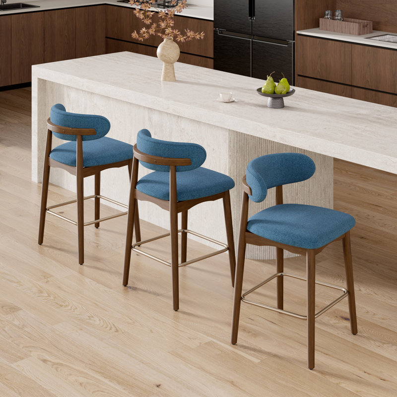 Tabouret de bar moderne à hauteur de comptoir avec dossier, non pivotant, pieds en bois d'hévéa massif et repose-pieds en métal bronze