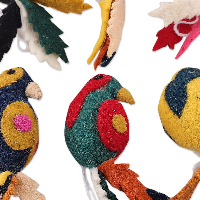 Handcrafted Multicolor Wool Felt Parakeet Ornaments Set of 6