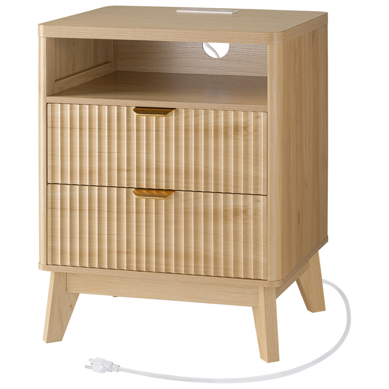 Rhythm Wood Nightstand with Charging Station, Fluted Bedroom Nightstand, Bedside Table Chest, 25.4'' H X 19.7'' W X 15D'' 