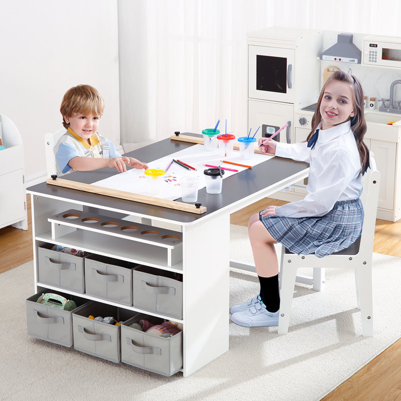 Kids Art Table And 2 Chairs With Storage Bins,Toddler Activity Table