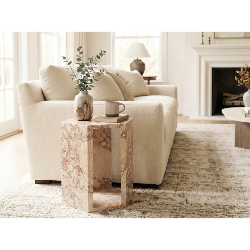 Table d'appoint hexagonale en marbre rose, grain unique et pierre très brillante, 40 cm, finition polie luxueuse, hauteur