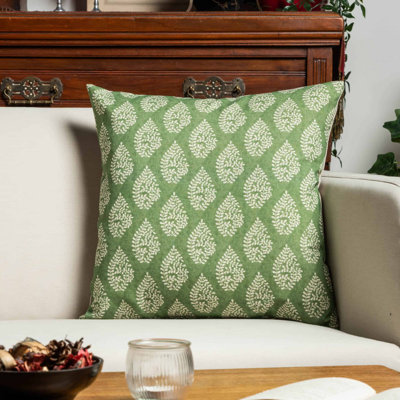 Linden Leaf Linen Blend Paisley Motif Cushion in Sage Green