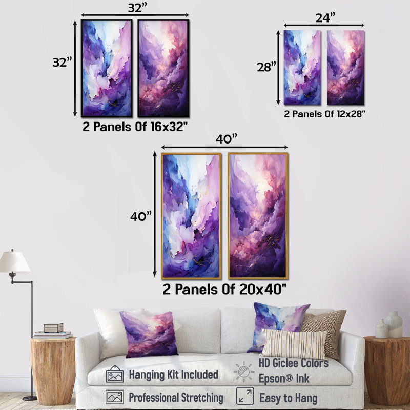"Mauve et bleu" Mystic Melody I - Ensemble de 2 reproductions d'art sur toile, Cadre flottant doré, H 40 po x l 41 po