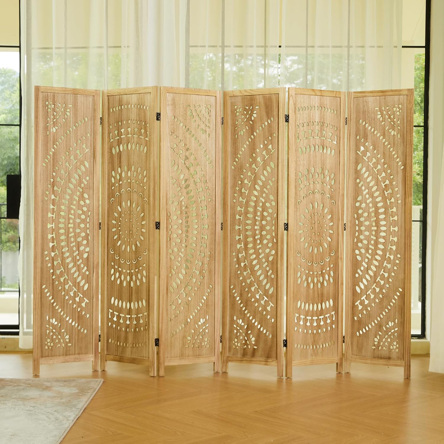 68.9nch Foldng Room Dvder, 4 Panels Wood Carved Prvacy Screens