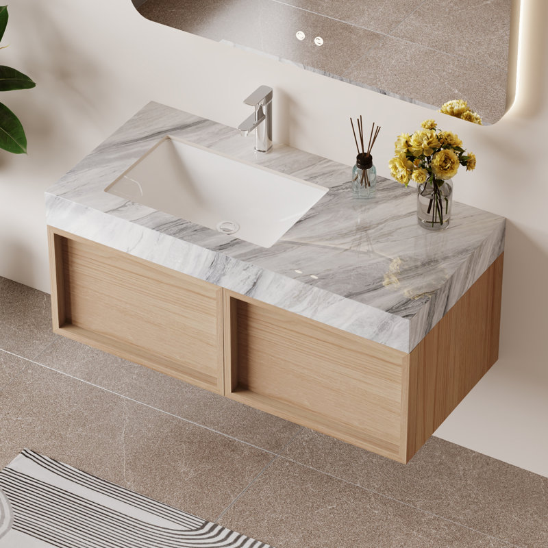 36" Modern Bathroom Vanities with Sink, Grey Faux Marble Table top, 2 Drawers