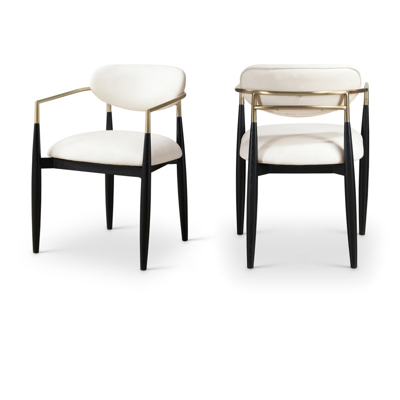 Eligah Vegan Leather Upholstered Dining Arm Chair, Cream Vegan Leather, Stained Black / Brushed Brass