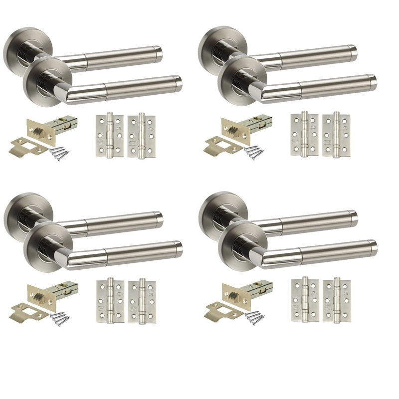  4 Pairs Mitred Style Modern Door Handles Lever Latch on Round Rose with Duo Chrome Finish with Ball Bearing Hinges and 64mm Tubular