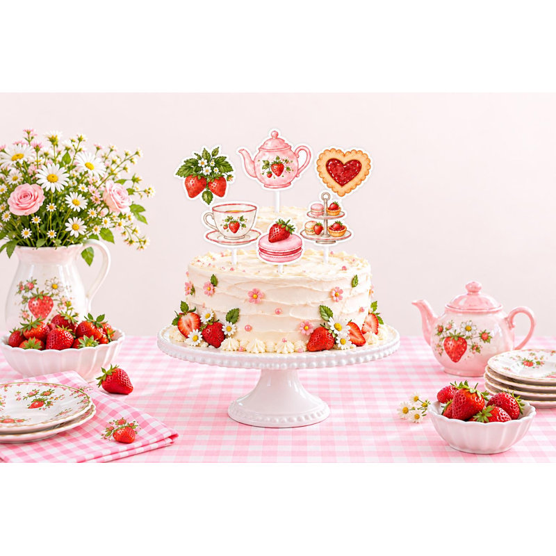 Strawberry Tea Party Cake Decorations, Baby Shower Teapot Berry Toppers, Pink Garden