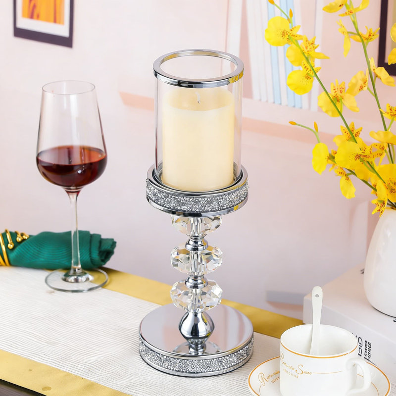 Crystal And Metal Pillar Candle Holder With Hurricane Glass Cover For Home Decor, Weddings, And Events, Chrome