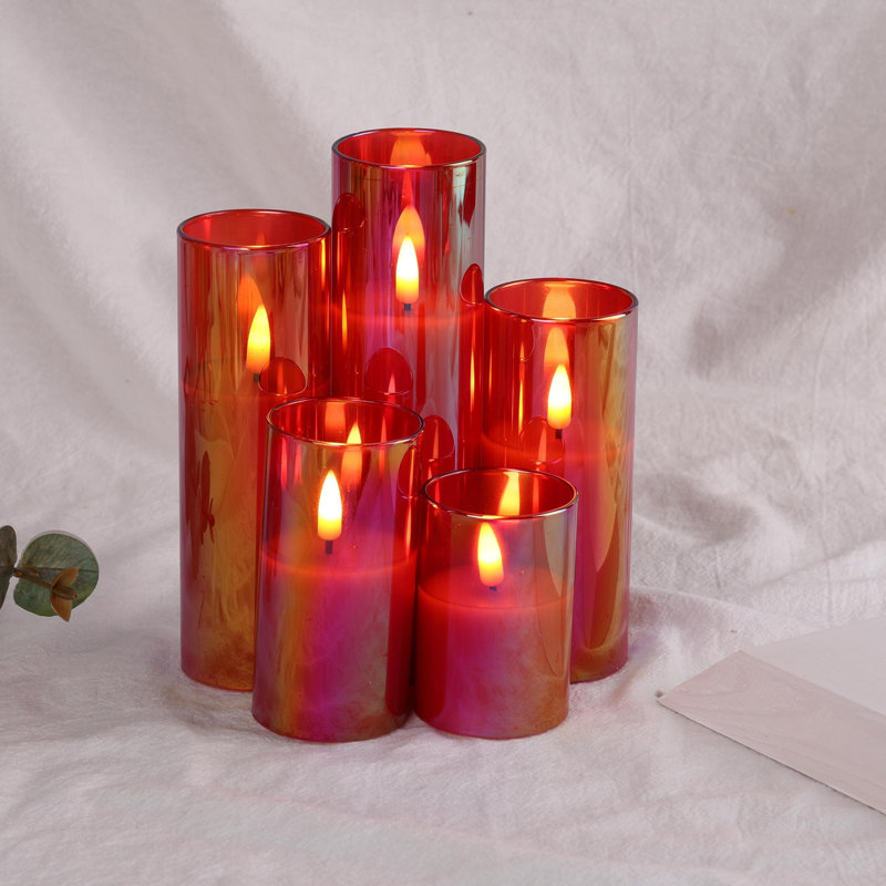 Bougies sans flamme en verre à 5 compteurs avec télécommande, Rouge