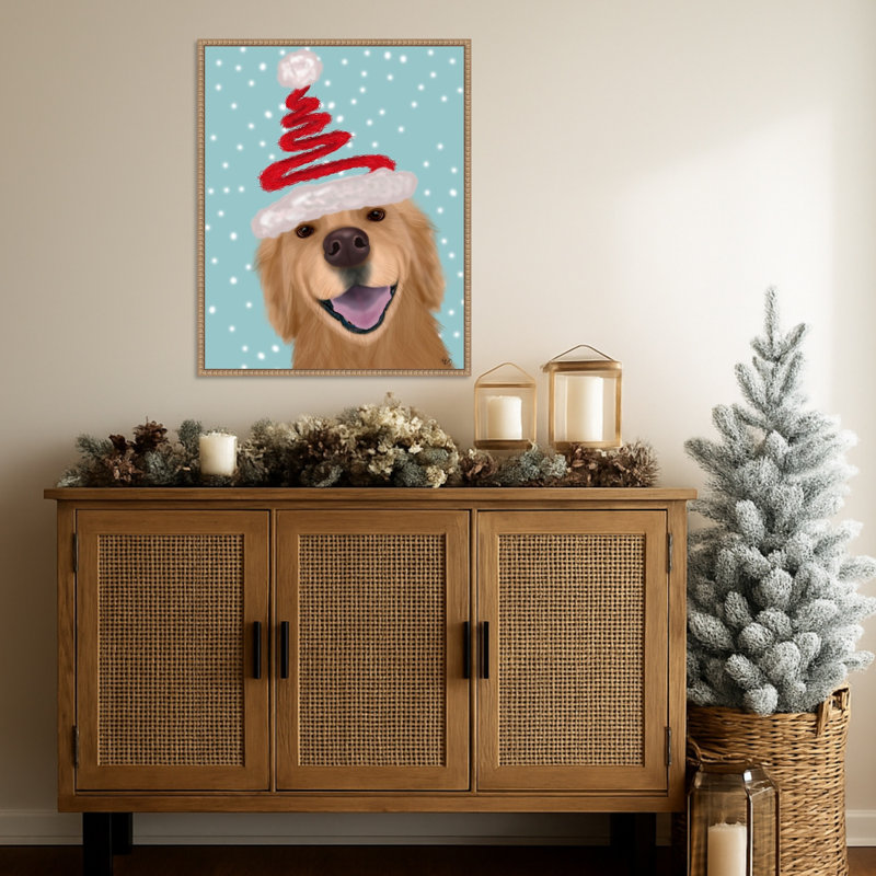 «Christmas Golden Retriever and Spring Santa Hat» par Fab Funky, impression sur toile encadrée