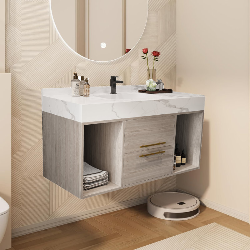 39" Inch Floating Bathroom Vanity With Ceramic Sink, Wall Mounted Bathroom Vanity With Marble Sintered Stone Countertop,2 Drawers &  Open Cabinet