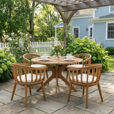 Ensemble repas d'extérieur en bois d'acacia de style bord de mer avec chaises incurvées et table à lattes ronde Renaud