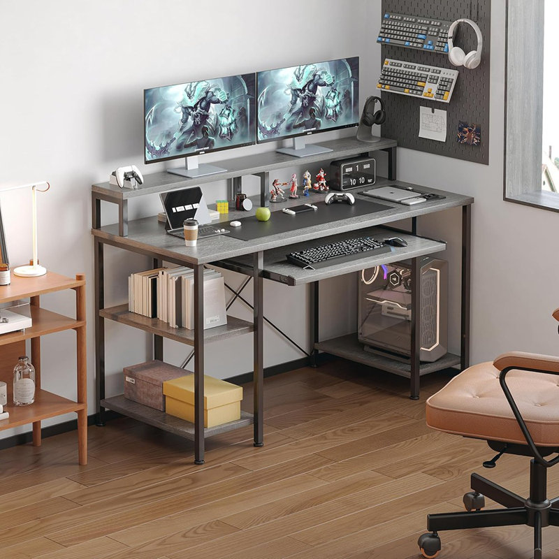 Bureau de jeu avec support pour moniteur complet et tablettes de rangement et support pour unité centrale de traitement