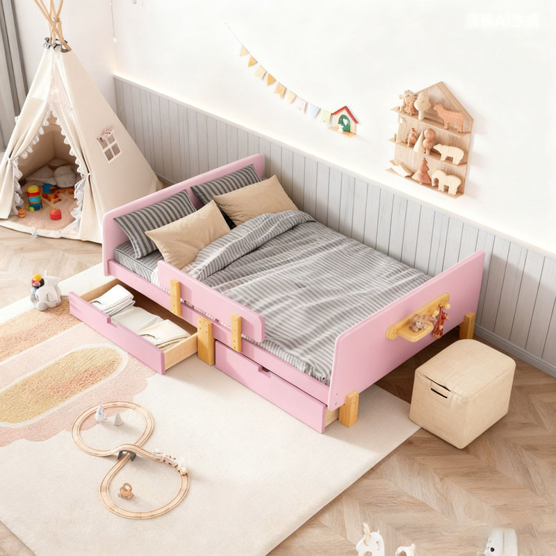Lit plateforme avec tiroirs de rangement, structure de lit en bois massif avec garde-corps, petite tablette et crochets, Rose
