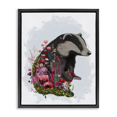 Badger with Garden Blooms Framed Floater Canvas Wall Art by Fab Funky