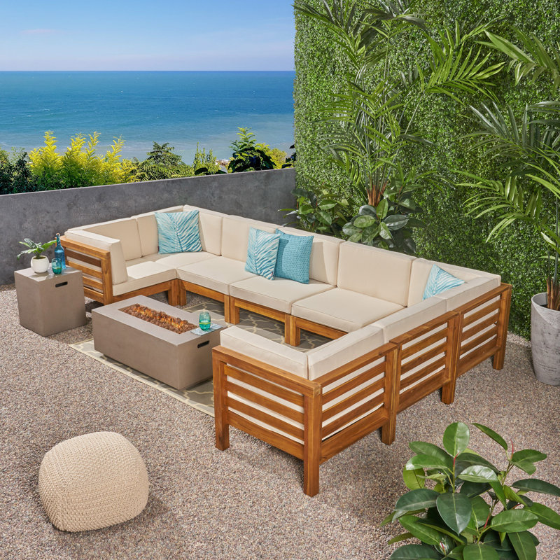 Ajanai Modular Patio Conversation Set with Cushions, Teak Frame / Beige Cushion