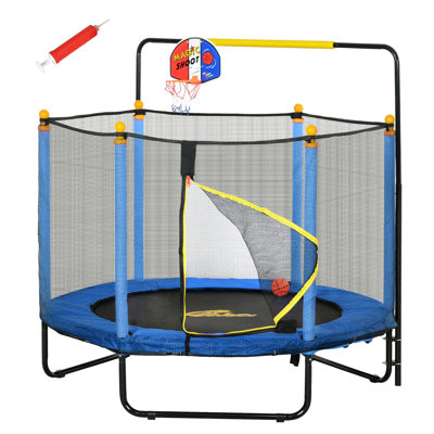 Qaba 4.6' Kids Trampoline With Basketball Hoop, Horizontal Bar, 55" Indoor Trampoline With Net, Small Springfree Trampoline Gifts For Kids Toys, Ages 3-10
