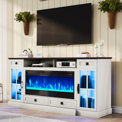 Grand meuble télé 70 po avec foyer 42 po, lumières DEL, blanc