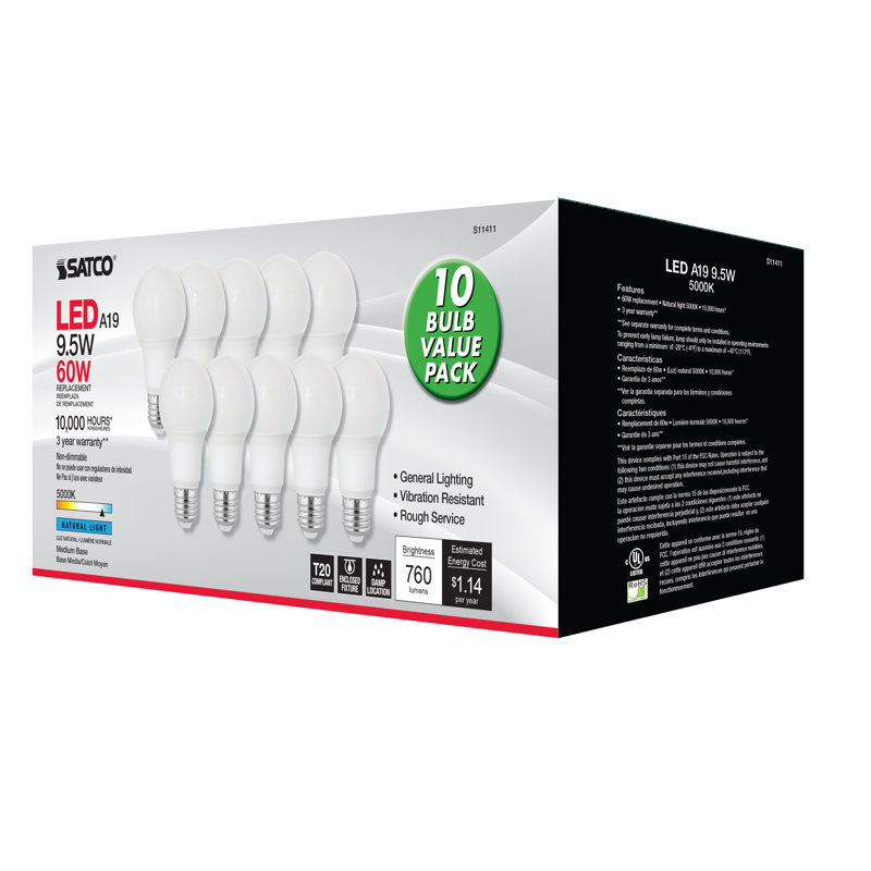 9,5 watts (équivalent à 60 watts), ampoule DEL A19, à intensité variable, culot E26 / moyen (standard), 5000 K