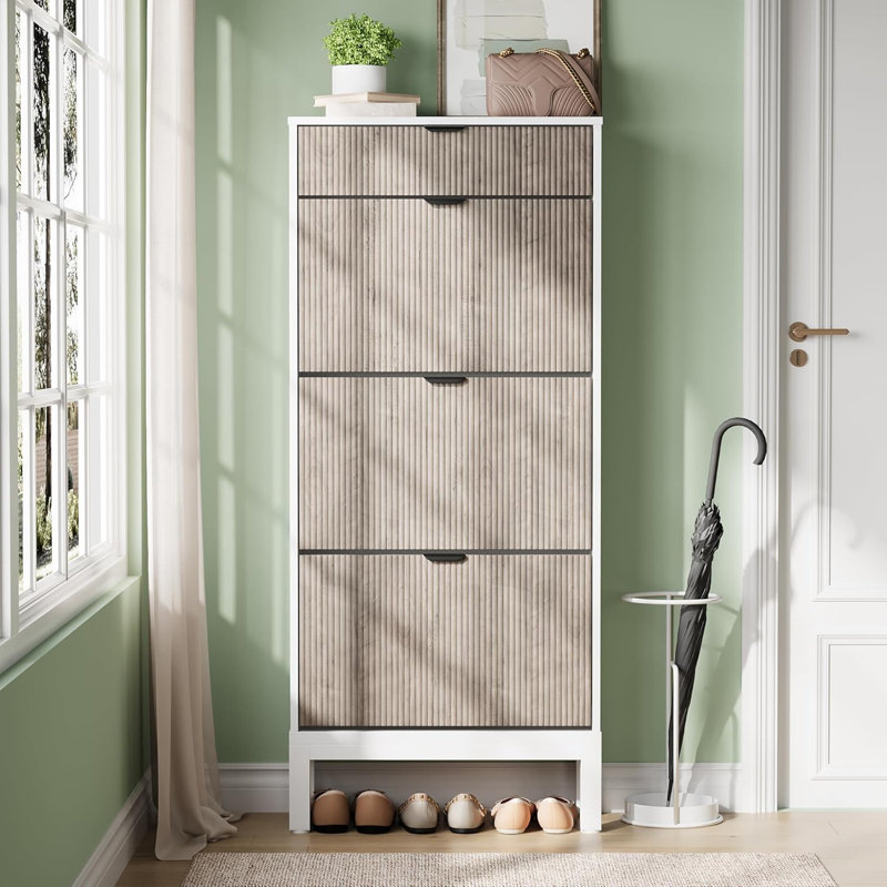 Range-chaussures avec 3 portes rabattables et 1 tiroir, range-chaussures cannelé moderne pour le vestibule, le couloir, Beige