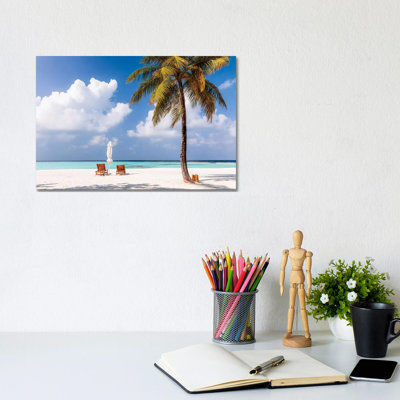 Sunchairs on a Beach in the Maldives 1 Piece Wrapped Canvas Wall Art