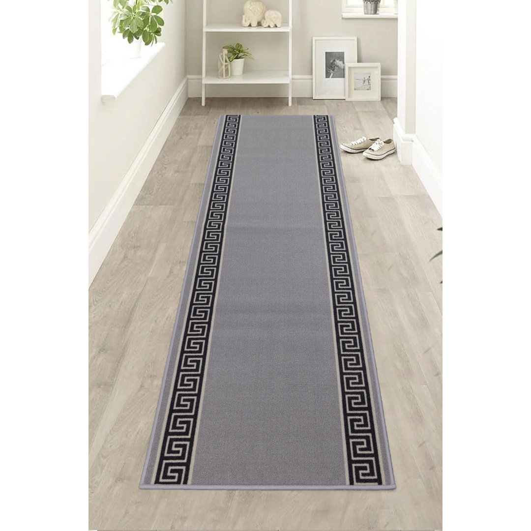 Custom Size Anti-Slip Machine Washable Low Profile Loop Pile Greek Key Border Gray Runner Rugs by Feet World Menagerie Rug