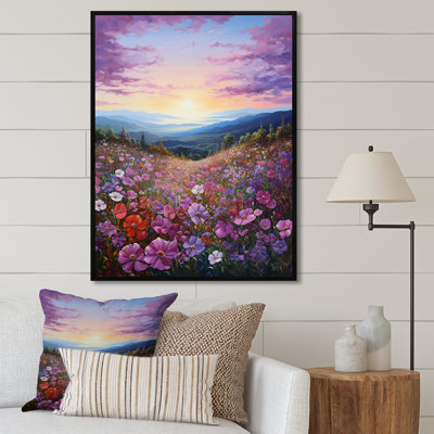 Champ de fleurs roses et mauves sur une impression sur toile