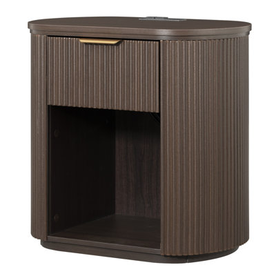 Reeded Nightstand With 1 Drawer, Open Shelf Storage Built-in Outlets USB Type-C Charging Station Set of 1