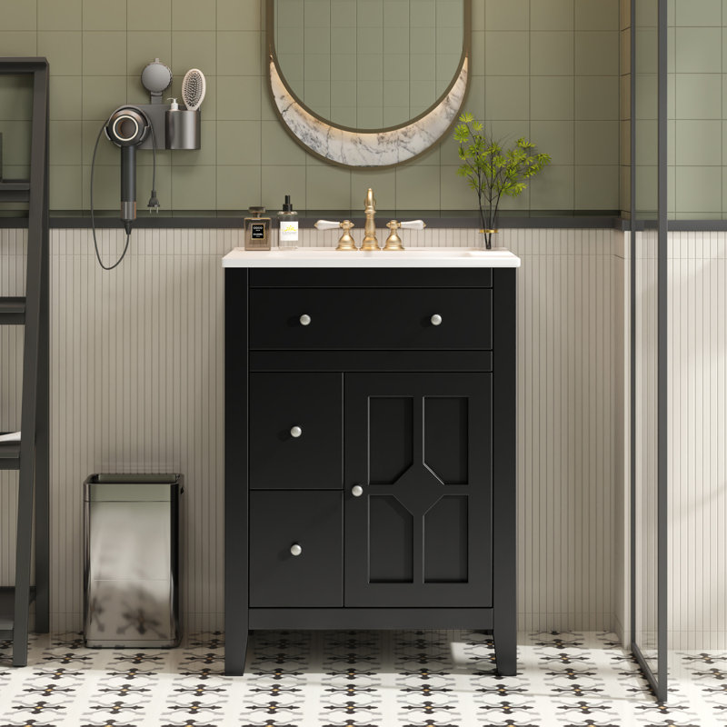 Meuble-lavabo 24 po avec tiroirs en céramique, Noir